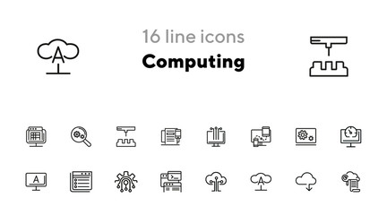 Sticker - Computing line icon set. Cloud print, monitor, coding. Information technology concept. Can be used for topics like programming, data storage, computer engineering