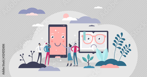 Cuadros en Lienzo Phone VS book competition, flat tiny persons vector illustration