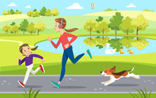 Mother And Daughter Jogging With Cute Dog In The Park, Along The Lake. Concept Motherhood Child-rearing. Vector Illustration.