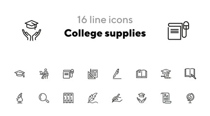 Sticker - College supplies line icon set. Pen, graduation cap, cabin. Education concept. Can be used for topics like university, school, training