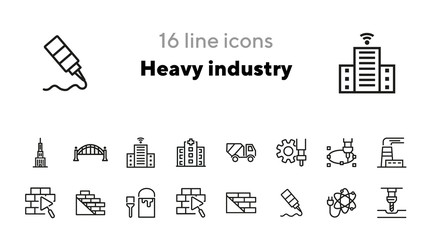 Heavy industry icons. Set of line icons. Atomic power, bricklaying, CHP plant. Industry concept. Vector illustration can be used for topics like business, construction, city planning, machinery