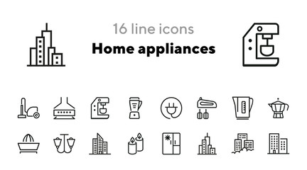 Poster - Home appliances line icon set. Vacuum cleaner, coffee machine, apartment, candle. Home concept. Can be used for topics like household, kitchen, utensil, house