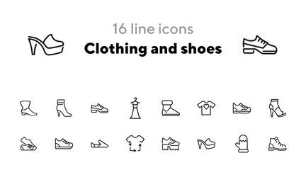 Clothing and shoes line icon set. Set of line icons on white background. T-shirt, shoe, boot. Fashion concept. Vector illustration can be used for topics like dressing, fashion, style
