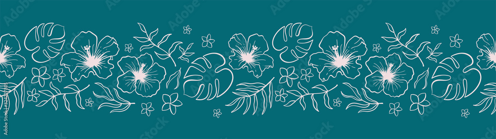 Lovely hand drawn tropical flowers and leaves horizontal seamless pattern, hibiscus and palm tree leaves, great for textiles, banners, wallpapers - vector design - obrazy, fototapety, plakaty 