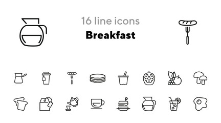 Breakfast line icon set. Set of line icons on white background. Food concept. Coffee, tea, bread. Vector illustration can be used for topics like food, cafe, breakfast
