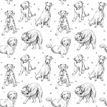 Cute Seamless Pattern With Puppies. Pencil Drawn Dalmatian, Retriever, Shepherd, Terrier. Background With Dog Perfect For Children's Textiles, Wrapping, Cards, Cover, Wallpaper, Veterinary
