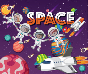 Wall Mural - Poster design template with astronauts and many planets in background