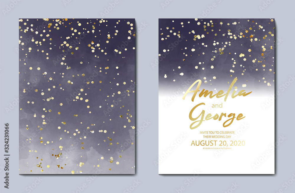 Beautiful dark blue water-colour background, great design for any purposes. Invitation ,Greeting card template. Vector gold glitter background texture.