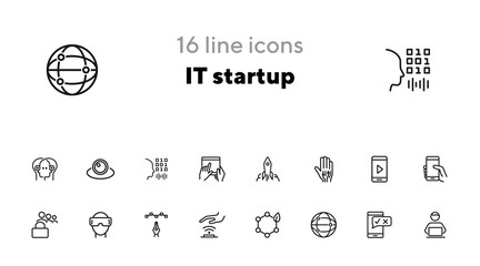 Sticker - IT startup line icon set. Programmer, scanning, robotic hand, goggles. Business concept. Can be used for topics like information technology, software development, innovation