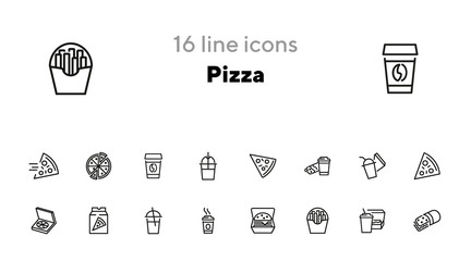 Pizza line icon set. Set of line icons on white background. Fast food concept. Pizza slice, coffee, cocktail. Vector illustration can be used for topics like eating, food, snack