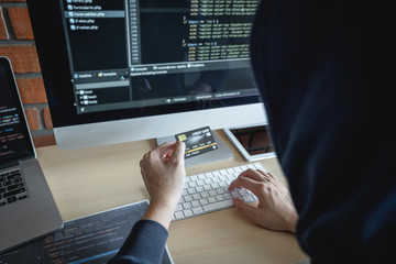 Wall Mural - computer hacker or cyber attack concept, dangerous hooded hacker using multiple computers typing bad