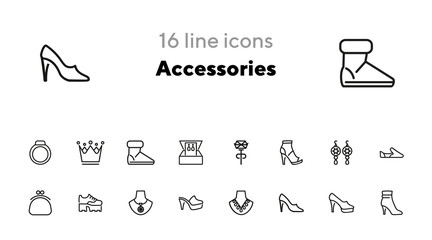 Accessories line icon set. Shoes, purse, necklace. Fashion concept. Can be used for topics like style, trend, jewelry