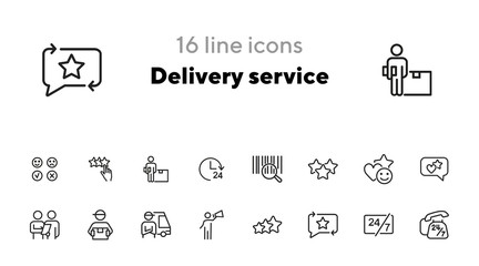 Delivery service icon. Set of line icons on white background. Courier, rating, bar code. Online shopping concept. Vector illustration can be used for topics like shopping, service, business, internet