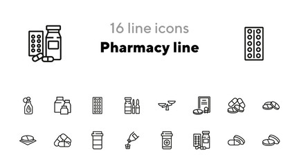 Pharmacy line icons. Set of line icons on white background. Medicine concept. Aid, pills, tablets. Can be used for topics like pharmacy, medicine, hospital, treatment