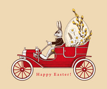 .Easter Holiday Card. .Easter Bunny On A Retro Car Carrying An Easter .egg And A Bouquet Of Flowers. Vintage Vector Illustration. Engraved Design Elements.