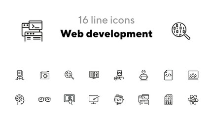 Web development line icon set. Set of line icons. Developer, internet, technology. Web development concept. Vector illustration for topics like modern technology, computering, design