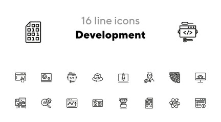 Sticker - Development line icon set. Adding new file, atom, binary code. Information technology concept. Can be used for topics like machine learning, business SEO, startup, programming