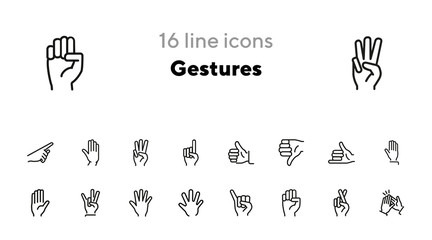 Gestures line icon set. Thumbs up, pointing, ok sign. Gesture concept. Vector illsutration can be used for topics like communication, gesture language, social