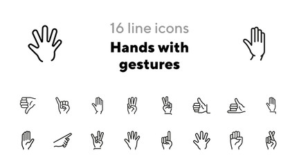 Hands with gestures line icon set. Thumbs up, pointing, ok sign. Gesture concept. Vector illsutration can be used for topics like communication, gesture language, social