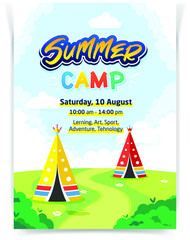 Summer camp vertical vector advertisement poster template for printing and web. Two wigwam or teepee like tents and campfire in the meadow with multi color text. Children outdoor scout summer activity