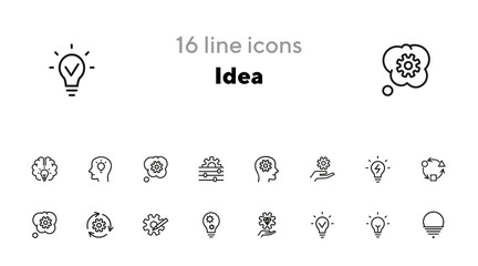 Idea line icon set. Bulb, gear, brain work. Processing concept. Can be used for topics like intelligence, business, startup