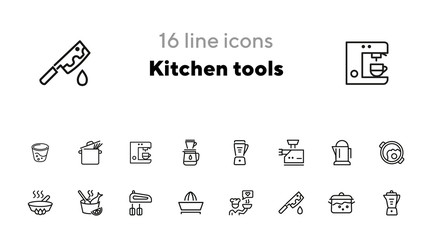 Canvas Print - Kitchen tools line icon set. Set of line icons on white background. Knife, juicer, frying pan. Cooking concept. Vector illustration can be used for topics like kitchen, cooking, food, household