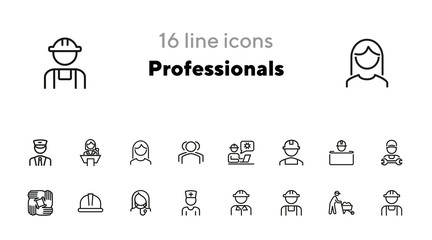 Professionals line icon set. Set off line icons on white background. Doctor, engineer, builder. Job concept. Vector illustration can be used for topics like career, sociality, business