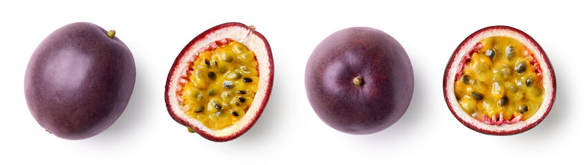 set of whole and half of fresh passion fruit