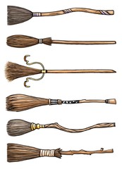 Big set of six different magical wooden brooms. Hand drawn illustration isolated on a white background.