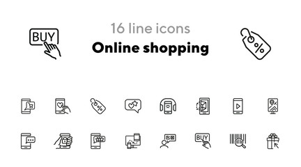 Online shopping icons. Set of line icons. Shop rating, mobile messenger, barcode. Mobile developing concept. Vector illustration can be used for topics like shopping, technology, mobile applications