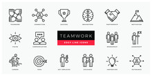 Business Teamwork And Human Resources Set – Minimal Thin Outline, Web Icon And Symbol Collection – Team Building, Workgroup, Leadership, Key Employee, Career, Success. Simple Edgy Vector Illustration.