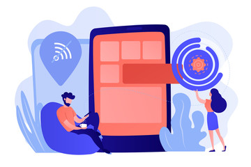 developer working on web app on smartphone, user offline, tiny people. progressive web app, working 