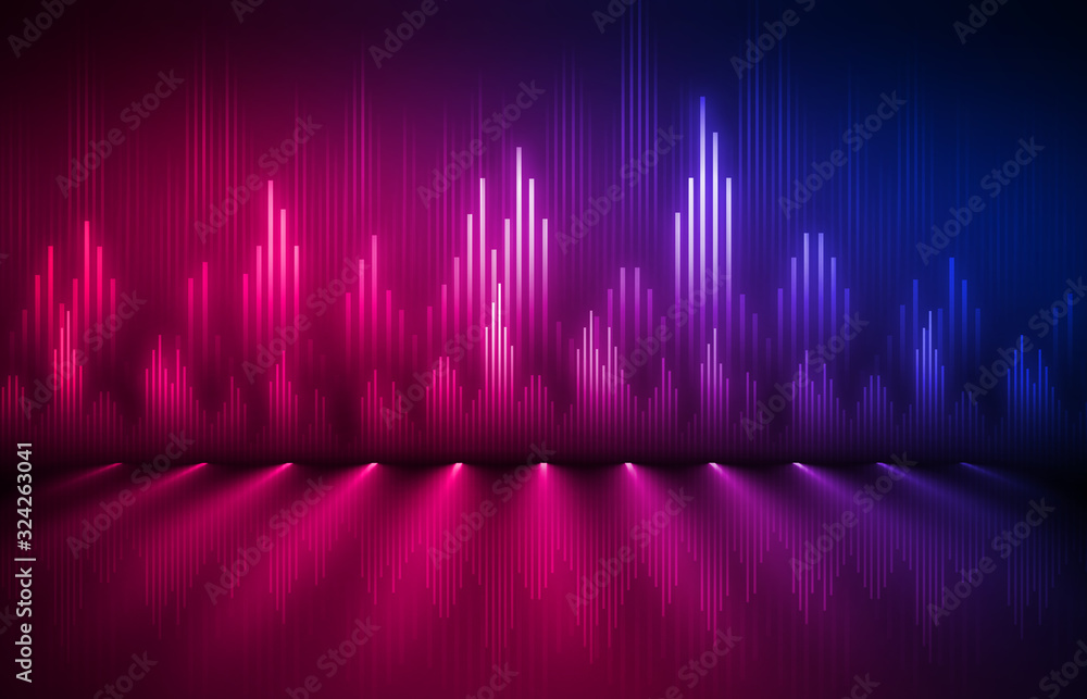 Background of an empty show scene. Ultraviolet abstract background. Geometric Neon Shapes, Equalizer - obrazy, fototapety, plakaty 