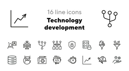 Technology development line icon set. Database, face detection, filter. Information technology concept. Can be used for topics like data processing, coding, software