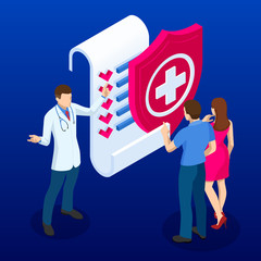 Wall Mural - Online medical service. Isometric concept of Health Insurance. People are standing on the signed health insurance policy.