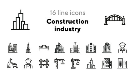 Sticker - Construction industry icons. Set of line icons. City skyscrapers, urban landscape. Building concept. Vector illustration can be used for topics like business, construction, city planning