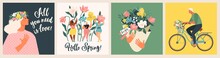 Happy Womens Day March 8! Cute Cards And Posters For The Spring Holiday. Vector Illustration Of A Date, A Woman And A Bouquet Of Flowers!