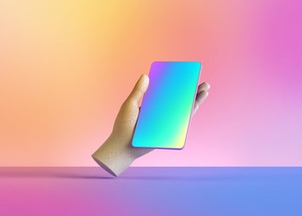 3d render mannequin hand holding smart phone gadget, electronic device isolated on colorful pastel background, minimal concept, simple clean design. Remote control. Limb prosthesis