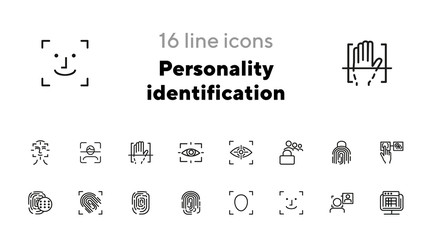 Sticker - Personality identification line icon set. Set of line icons on white background. Fingerprint, hand, access. Security concept. Vector illustration can be used for topics like technology, security