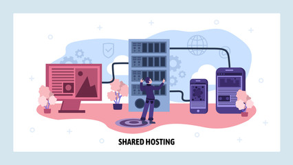 Data center and web hosting concept. Engineer install server software. Cloud data storage. Vector web site design template. Landing page website concept illustration