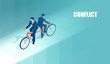 Vector of two conflicting businessmen riding a bicycle in opposite directions.