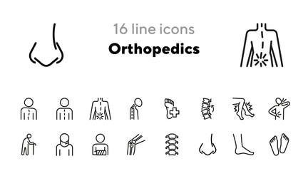 Orthopedics line icon set. Spine, body, pain. Disease concept. Can be used for topics like trauma, rehabilitation, injury