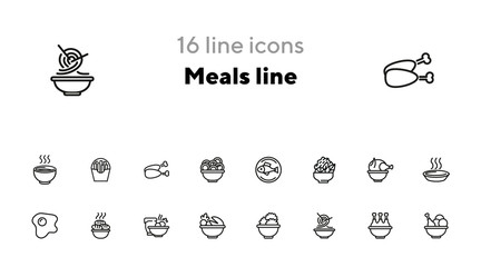 Meals line icons. Set of line icons on white background. Cooking concept. Salad, fish, chicken. Vector illustration can be used for topics like kitchen, cooking, restaurants