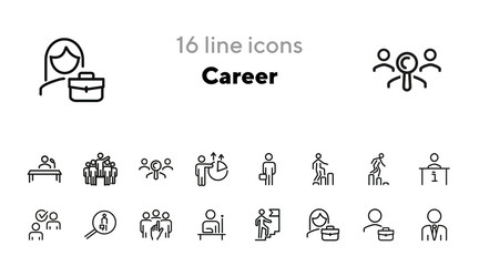 Career line icon set. Set of line icons on white background. First place, candidate, team. Career concept. Vector illustration can be used for topics like job, hiring process