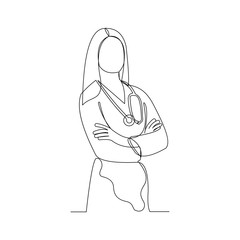 Wall Mural - continuous line drawing of woman doctor with stethoscope. one line art of health care concept. vecto