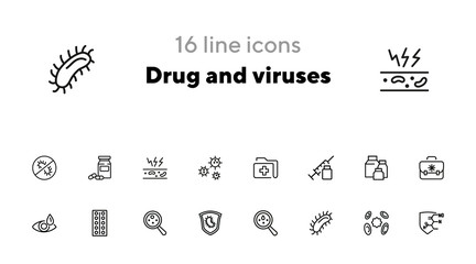 Drug and viruses icons. Set of line icons on white background. Syringe, bacteria, structure. Biology concept. Vector illustration can be used for healthcare, investigation
