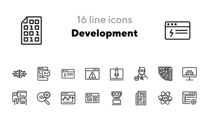Development line icon set. Binary code, bot, software developer. Information technology concept. Can be used for topics like startup, internet, programming