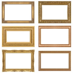 Set of panoramic golden frames for paintings, mirrors or photo isolated on white background