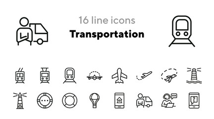 Canvas Print - Transportation line icon set. Plane, train, trolley, lighthouse, courier. Transport concept. Can be used for topics like delivery, travel, shipment, sea