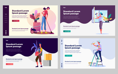  Cleanup and housekeeping set. Man and woman vacuuming, washing window, painting wall. Flat vector illustrations. Cleaning, service, domestic work concept for banner, website design or landing web page